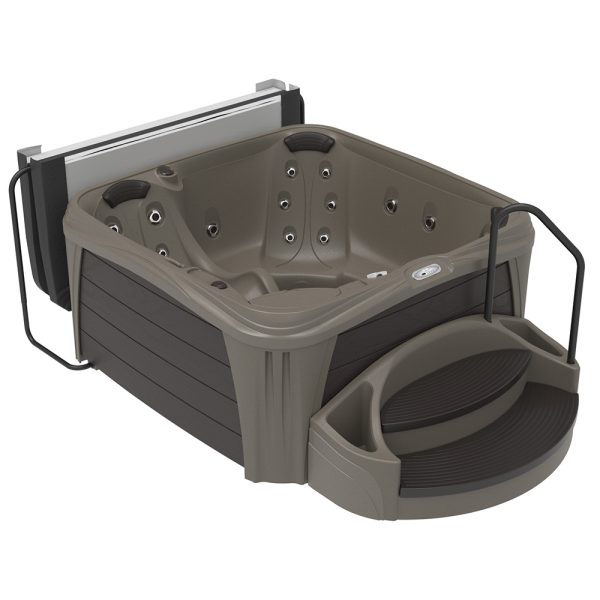 Jacuzzi Play Hot Tub Soul with cover lifter, steps, and handrail